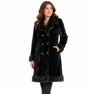 Vintage XL Black Faux Fur Coat Black Brown Plush Collar Double Breasted Jacket